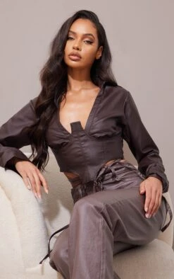 Chemise Froncée Courte En Jean Enduit Chocolat