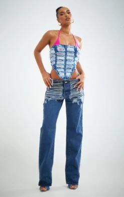 Jean Droit Indigo Taille Basse Déchiré Sur Les Cuisses
