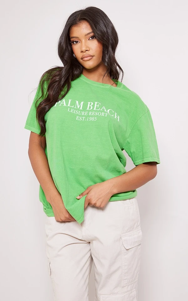 T-shirt Vert Vif Délavé Imprimé Palm Beach 5 T-shirt Vert Vif Délavé Imprimé Palm Beach – Image 3