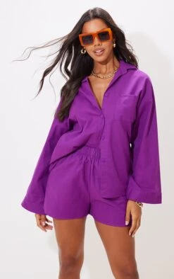 Chemise Oversize En Maille Tissée Violette à Manches Ballon