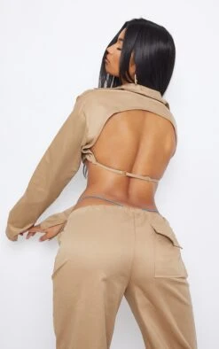 Chemise Courte En Maille Sergée Gris Pierre à Dos Ouvert