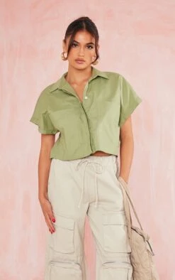 Chemise Oversize Vert Olive En Coton à Poches Et épaules Carrées
