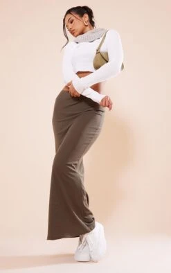 Jupe Longue Côtelée Kaki à Taille Basse