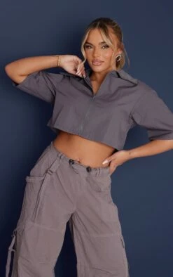 Chemise Tissée Gris Anthracite à Zip Et Manches Courtes