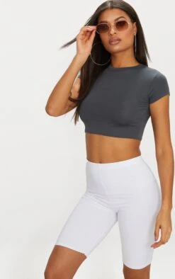 Crop Top Gris Anthracite Basique à Manches Courtes