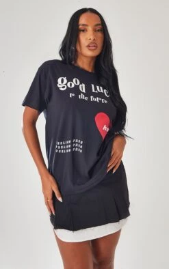 Tee-shirt Noir Délavé Imprimé Good Luck Et Coeur