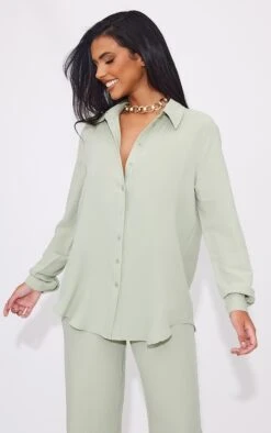 Chemise Oversize Texturée Froncée Vert Sauge Kaki