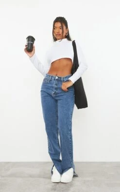 Jean Bleu Effet Vintage à Ourlet Fendu