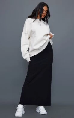 Logic Jupe Longue Côtelée Crêpée Noire à Taille Incurvée