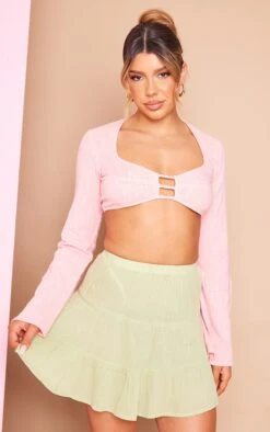 Top Texturé Rose Effet Lin à Manches Longues Et Détail Devant