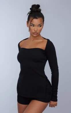 Top Noir Finement Côtelé à Manches Longues