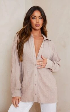 Chemise Café Au Lait Oversize Texturée à Poche Frontale