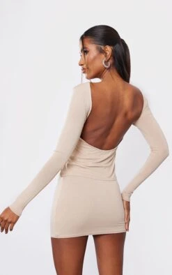 Top Long En Jersey Sable à Manches Longues Et Dos échancré