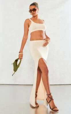 Jupe Longue En Maille Tricot Gris Pierre Très Fendue