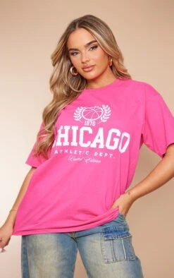 T-shirt Rose Vif à Slogan "Chicago" Imprimé
