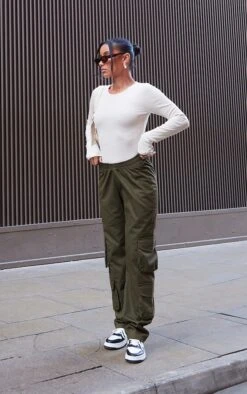 Body Basique Côtelé Gris Pierre à Manches Longues