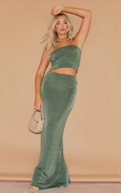 Logic Jupe Longue Moulante Kaki En Acétate à Taille Basse