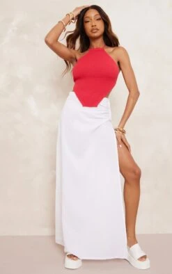 Jupe Longue Blanche Effet Lin à Bande Taille Froncée Et Agrafes & Oeillets