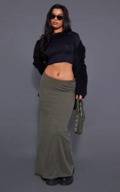 Logic Jupe Longue Côtelée Crêpée Kaki à Taille Incurvée