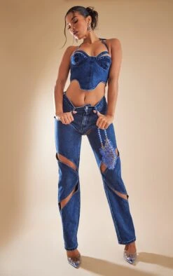 Jean Droit Bleu Foncé Délavé à Cuisses Découpées