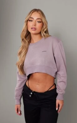PRETTYLITTLETHING Sweat Court Côtelé Taupe Foncé Délavé