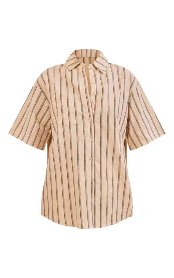 Chemise Gris Pierre Effet Lin Oversize à Rayures Et Manches Courtes 7 Chemise Gris Pierre Effet Lin Oversize à Rayures Et Manches Courtes – Image 5