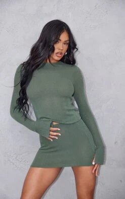 Top Long Côtelé Doux Transparent Kaki à Manches évasées