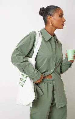 Chemise Oversize Boutonnée En Maille Tissée Vert Sauge Kaki