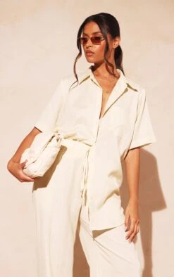 Chemise Oversize Effet Lin Gris Pierre Ă Manches Courtes