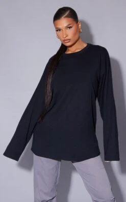 T-shirt Oversize Style Boyfriend En Coton Biologique Noir à Manches Longues