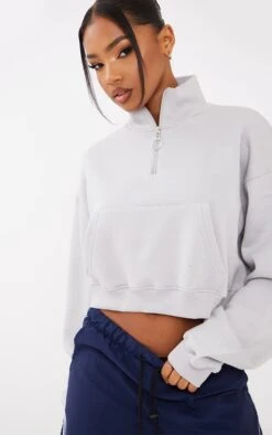 Sweat Zippé Court Gris Colombe à Col Montant