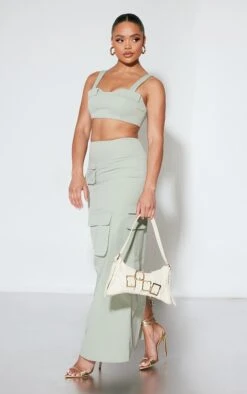 Jupe Longue Cargo Vert Sauge Kaki à Poches