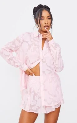 Chemise Oversize Rose Pastel Transparente Fleurie Texturée à Manches Longues