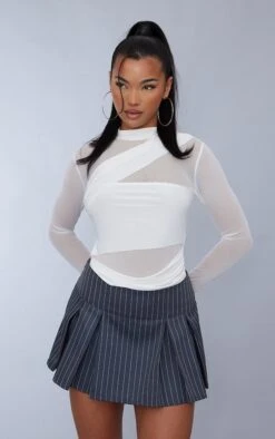 Body En Mesh Blanc Drapé Devant à Manches Longues Et Col Montant