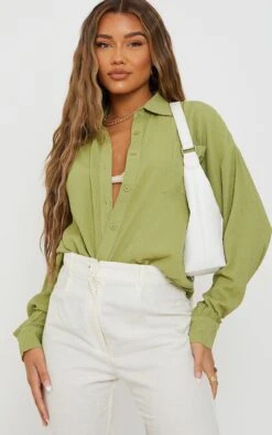 Chemise Vert Sauge Oversize Texturée à Poche Frontale