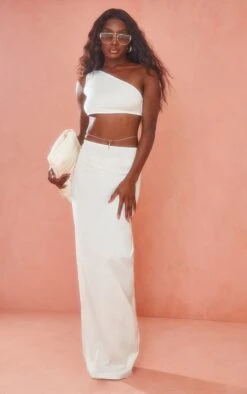 Jupe Longue Crème Tissée Brossée à Fronces Et Taille En V