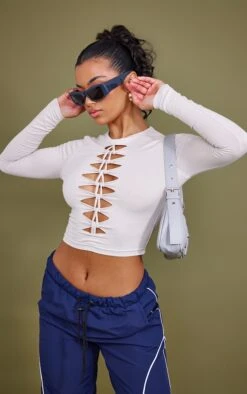 Crop Top En Jersey Gris Pierre à Découpes Et Nœuds Devant