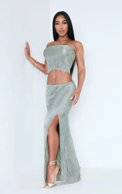 Jupe Longue Plissée Vert Saige Kaki à Taille Basse Et Ourlet Fendu