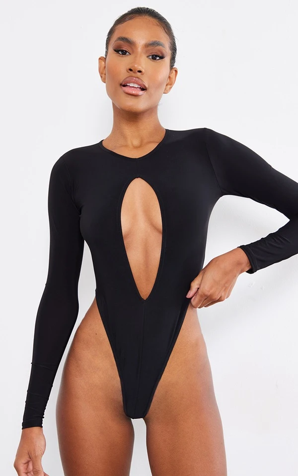 Body Moulant Noir à Devant Découpé Et Manches Longues 4 Body Moulant Noir à Devant Découpé Et Manches Longues – Image 2