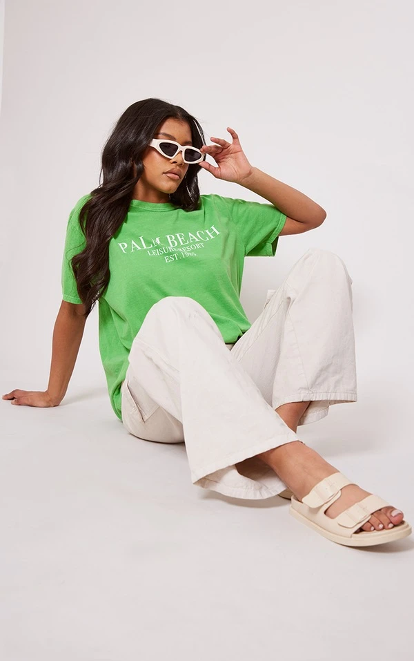 T-shirt Vert Vif Délavé Imprimé Palm Beach 3 T-shirt Vert Vif Délavé Imprimé Palm Beach