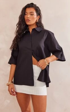 Chemise Oversize En Effet Lin Noir à Manches Courtes