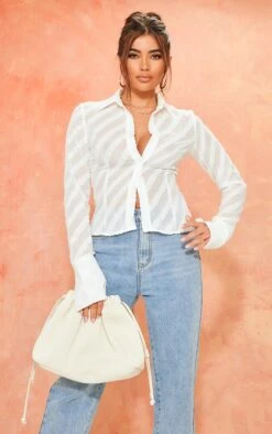 Chemise Oversize En Mousseline De Soie Blanc Cassé Texturée à Boutons