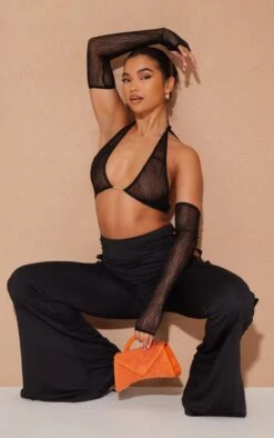 Crop Top En Mesh Noir Texturé à épaules Dénudées Et Détail Chaîne