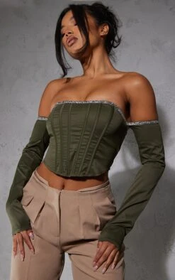 Corset Kaki En Maille à Bordure De Strass Et Manches Longues