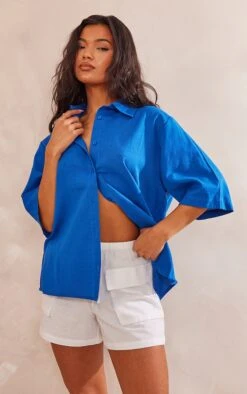 Chemise Oversize En Effet Lin Bleu Cobalt à Manches Courtes