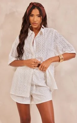 Chemise Oversize En Broderie Anglaise Blanche à Manches Courtes