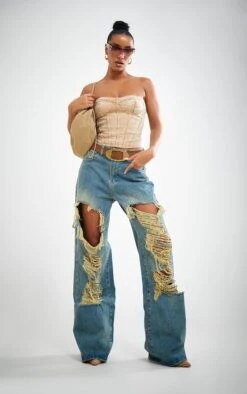 Jean Droit Très Déchiré Sur L'avant Délavage Indigo Vintage