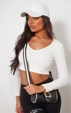 Crop Top Côtelé Crème à Manches Longues Et Col En V