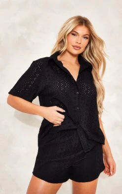 Chemise Oversize En Broderie Anglaise Noire à Manches Courtes
