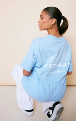 T-shirt Bleu Ciel à Imprimé Get Away County Au Dos